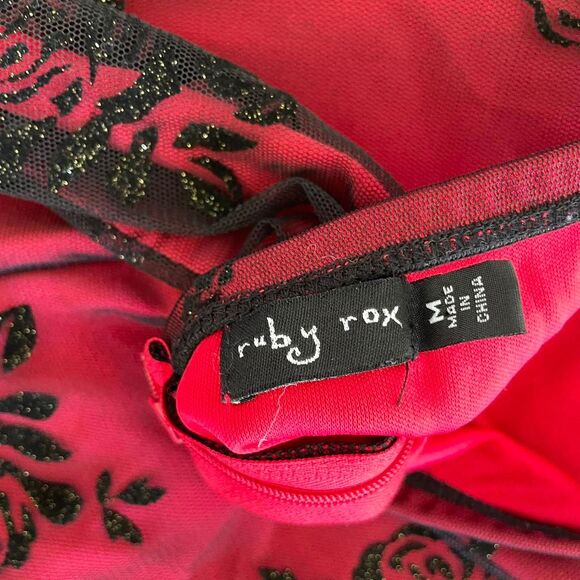 Y2K Red & Black Glitter Rose Sheer Applique Halter Dress Mall Goth Emo Vampire - Picture 8 of 8